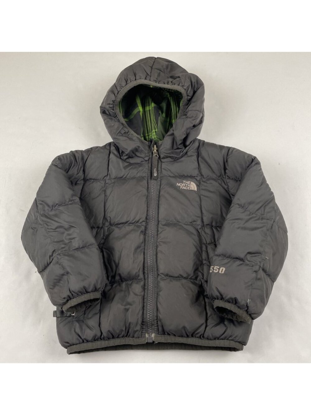 North Face reversible hooded jacket Boy’s 3T 550 Down Puffer Solid Gray/Plaid